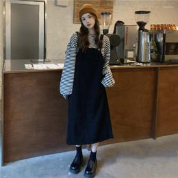 Work Dresses Vintage Women Suits Spring Autumn O-neck Long Sleeve Striped T-shirts And Black Corduroy Suspender Dress Cute Ladies Clothes