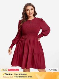 Plus size Dresses Plus Sized Clothing Solid Color Flounce Slve Frill Neck Ruffle Hem Shirred Hallow Out Dress Flounce Slve Kn-Length Dress Y240510