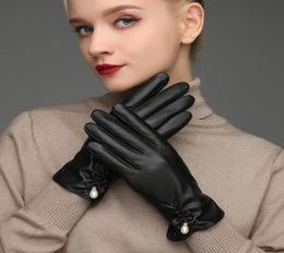 Five Fingers Gloves 2021 Women039s Pearl PU Leather Winter Velvet Lining Short Warm Touch Screen Driving Female Black S28636683996