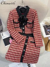 Work Dresses Office Lady Two-Piece Set Autumn Clothes Fashion Long-Sleeved Woollen Coat Skirts Elegant Socialite High-end Houndstooth Outfits