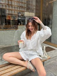 Two Piece Dress Casual White V-neck Long Sleeve Blouse Shorts Sets Women Lace Up Shirt Elastic Waist Suit Summer Lady Vacation Outfits Q240511