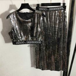 Shiny Sequin Vest T Shirts Skirts Sets For Women Designer Lette Webbing High Waist Dress Fashion Sexy Ladies Tanks Party Nightclub