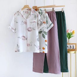 Home Clothing Floral Printed Trousers Pajamas Set For Women Spring And Summer Cotton Short Sleeved Long Pants Thin Pjamas
