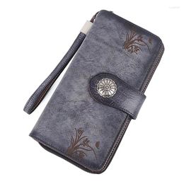 Wallets Retro Genuine Leather Women Wallet ID/s Holder Bag Multi-Purpose Printing Female Wrist Clutch Bags Long Purse