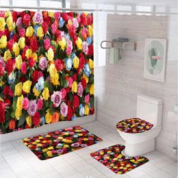 Shower Curtains Colorful Fresh Flower Curtain Sets Rose Floral Leaves Garden Bathing Screen With Toilet Lid Cover Rug Bathroom Decor Mat