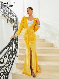 Casual Dresses Missord Yellow Velvet Evening Elegant Women Lantern Sleeve Sequin Split Bodycon Maxi Mermaid Party Dress Long Prom Gown
