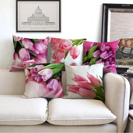 Pillow Pink Tulip Flowers Elegant Design Linen Throw Cases Warm And Romantic Home Sofa Shop Decorative Cover 45x45cm