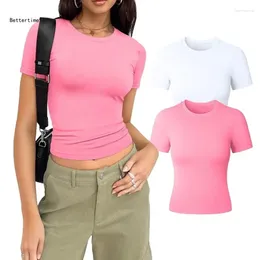 Women's T Shirts B36D Women Fashion Short Sleeve Pullover Basic Tight Crop Top Solid Colour Round Neck Casual Bodycon Fitted Workout T-Shirt