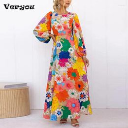 Casual Dresses Colourful Flower Printed Dress Women Long Sleeve O-neck Strap Waist Lace Up Backless Female Fashion Holiday Lady Vestidos