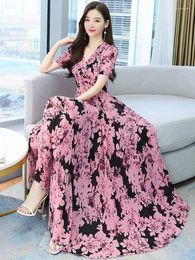 Party Dresses Elegant Beach Chiffon Floral Dress Casual 2024 Summer V-Neck Short Sleeve Waist Maxi Evening Korean Fashion F51