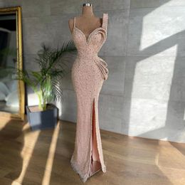 Glitter Elegant Mermaid Prom Dresses Luxury Long High Slit Sequins Women Evening Party Night Gowns Custom Made Plus Size Robe De Soiree 214i