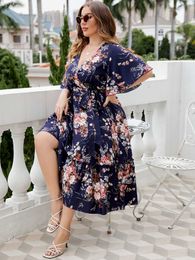 Plus size Dresses Plus Size Womens Dp V Neck Ruffle Slve Dress Wrap Belt Blue Robe Summer Casual Cocktail Party Work Swing A-line Sundress Y240510