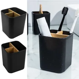 Bath Accessory Set Toothbrush Organiser Bathroom Toothpaste Holder With Wood Divider Storage Countertop Anti Slip Accessories