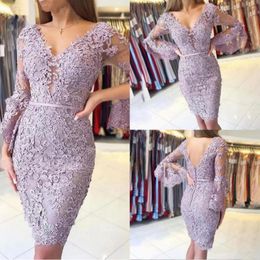 Elegant Beaded Party Cocktail Dresses Short Above Knee Women Party Dress Poet Sleeves Sheath Lace Appliques Formal Gown 260M