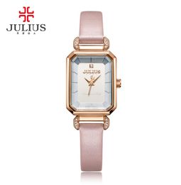 Julius Pink Watches For Women Leather Strap Rectangle Relojes Mujer With Rhinestone 2017 Winter New Arrivals Relogio Hour JA9518449292