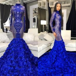 Shining Black Girls Blue Mermaid Prom Dresses 2021 3D Flowers Sequins Plus Size Long Sleeve High Neck Evening Pageant Wears vestidos de 335Z