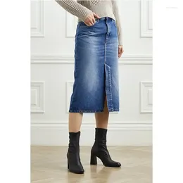 Skirts 2024 Spring Summer Skirt Women Cotton All-match Retro Dark Blue High Waist Slit Denim