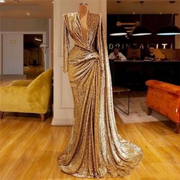 Sparkly Sequined Gold Evening Dresses With Deep V Neck Pleats Long Sleeves Mermaid Prom Dress Dubai African Party Gown 297o