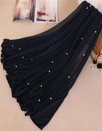 Woman Maxi Plain Pearl Beads Jersey Hijab Scarf Polyester Cotton Shawl Snood Muslim Sjaal Head Wrap Solid Foulard Stole 18080Cm Y3173239