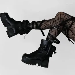 Boots Woman Punk Style Black Thick Sole 6 Cm Chunky Heels Over The Knee Pocket Round Toe Platform Motorcycle Short Ankle