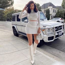 Work Dresses Women White Thread Bow Temperament Sexy Suit Long Sleeve High Collar Crop Top Mini Bandage Skirt Two Piece Set Lady Streetwear