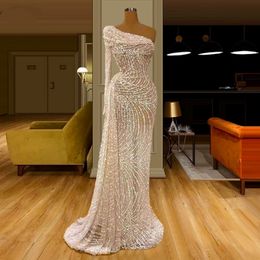 Beaded One Shoulder Sparkly Prom Dresses Long Dubai Glitter Robe De Soiree Arabic Evening Dress 2021 Women Party Gowns Vestidos 272h