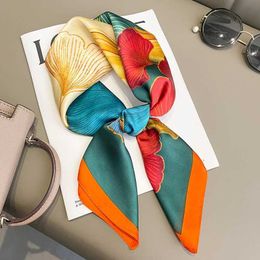 Scarves Elegant Skinny Silk Square Scarf Women Ginkgo Leaf Print Foulard Neckerchief Bag Ribbon Lady Soft Satin Office Hairband Hijab T240508