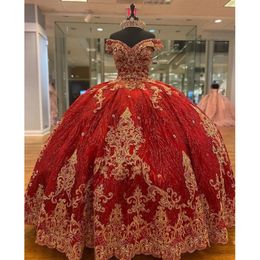 2022 Elegant Red Beaded Ball Gown Quinceanera Dresses Gold Appliques Sweet 16 Dress Pageant Gowns vestido de 15 anos a os quincea era 2232