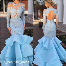 Ruffles Lace Prom Dresses with Long Sleeve Modest Sheer Jewel Neck Open Back Mermaid Fishtail Sky Blue Evening Gowns Wear ED1153 253H