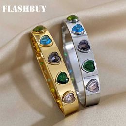 Bangle Flashbuy New Trend Inlaid Coloured Crystal Heart Charm Stainless Steel Bangles Bracelets for Women Gold Colour Waterproof Jewellery T240509