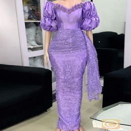 Aso Ebi Evening Dress Mermaid Off Shoulder 2022 Short Sleeves Lavender Lace Appliques Prom Dresses for Women Party 309j