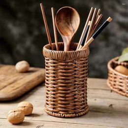 Kitchen Storage Rattan Pencil Holder Wicker Flatware Organizer Hand Woven Seagrass Cutlery Utensil Container Small Trash Can