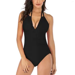 Women's Swimwear One-Piece Monokini Women Solid Color Halter-Neck Swimsuit Skinny Deep V-Neck Bathing Suit Casual Seaside Beach