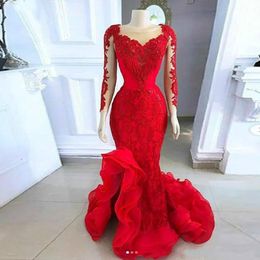 New Evening Dresses Formal Dress Prom Party Gown Gown Mermaid Trumpet Scoop Long Sleeve Applique Satin Custom Tulle Red 2476