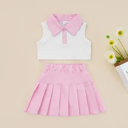 Clothing Sets CitgeeSummer Kids Girls Outfit Patchwork Lapel Buttons Sleeveless Tops Pleated Skirt Set Pink Clothes 2-7Years
