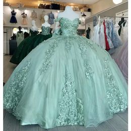 Sage Green Off The Shoulder Quinceanera Dresses Ball Gown Floral Appliques Lace Bow Back Corset For Sweet 15 Girls Party 0621 213W