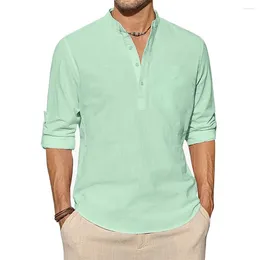 Men's Casual Shirts Cotton Linen For Men Lightweight Long Sleeve Henley T Shirt Solid Colour Tops Roll Up