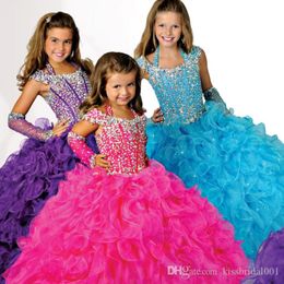 Purple Girl's Glitz Pageant Dresses Ball Gown Organza Flower Girl Dresses Hand Made Flowers Beads Crystals Tiers Toddler Pageant D 214f