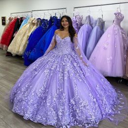 Lilac lavender Butterfly Quinceanera Dresses With Cape Lace Applique Sweet 16 Dress Mexican Prom Gowns 2022 Vestidos De XV Anos 277D