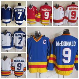 Vin Mens 1980 Lanny McDonald Hockey Jerseys #7 #9 Blue Vintage Red Stitched Shirts C Patch