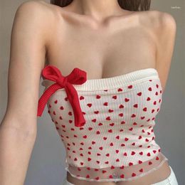 Women's Tanks Y2K Cute Bow Tie Love Printed Top Two Layers Mesh Wrap Strapless Slim Crop Sleeveless Sweet Summer Tops