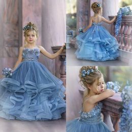 2020 Cute Flower Girl Dresses For Wedding Spaghetti Lace Floral Appliques Tiered Skirts Girls Pageant Dress A Line Kids Birthday Gowns 274z