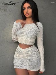 Work Dresses Kontturi Summer Knit Solid Two 2 Piece Set Women Outfit 2024 Skew Collar Long Sleeve Apricot Crop Tops Mini Skirt Matching Sets