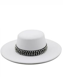 Large Wide Brim Faux Wool Pork Pie Boater Flat Top Fedora Hat with Rivet Pearls Black White Party Panama Trilby Cowboy Cap5850818