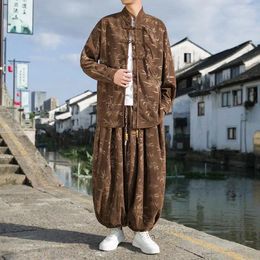 Men's Tracksuits Suit Men Chinese Style Sweatshirt Trousers Stand Collar Improved Top Retro Wide Leg Pants With Pockets