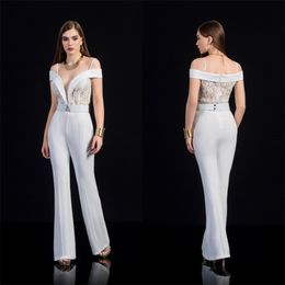 2020 White Evening Jumpsuit Spaghetti Strap Sleeveless Lace Appliqued Formal Evening Gown Chiffon Elegant Hollow Back Custom Made Party 238a