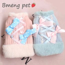 Dog Apparel Clothes For Small Dogs Winter Warm Cotton Padded Jacket Two Legs Cute Cat Clothing Ribbon Bowknot Ladies Pet Costume