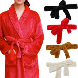 Womens soft plush pajamas bathroom replacement with solid flannel packaging tie belt 240429