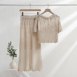 Work Dresses Hollow Out Crochet Knit Two Piece Set For Women Summer Short Sleeve T-Shirt Crop Top High Waist Slim Skirt Sets Elegant Suit