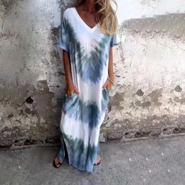 Party Dresses Fashion V Neck Tie-dye Casual Dress Elegant Holiday Beach Split Long Women Short Sleeve High Street Pullover Loose